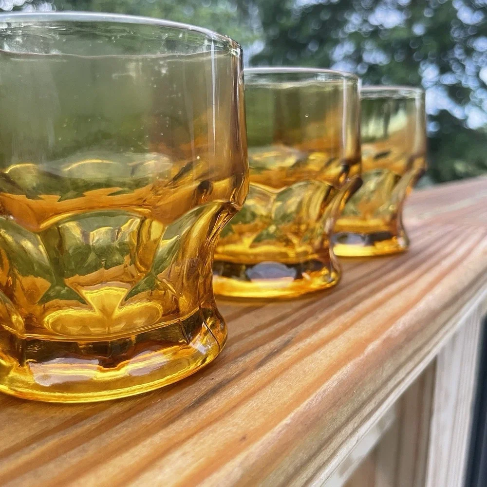 Vintage Georgian Amber Rocks Glasses Set 4 Lowball Tumblers Retro Barware